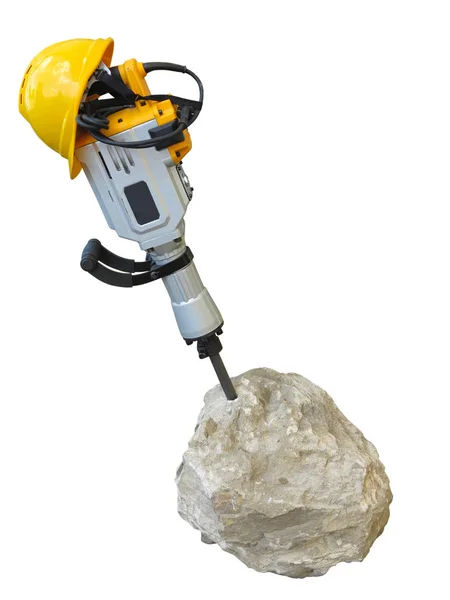 Construction concept - jackhammer in concrete and yellow helmet — Stock Photo, Image