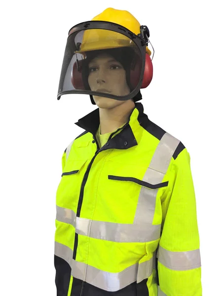 Man mannequin in protective clothes overalls and yellow helmet i — Stock Photo, Image