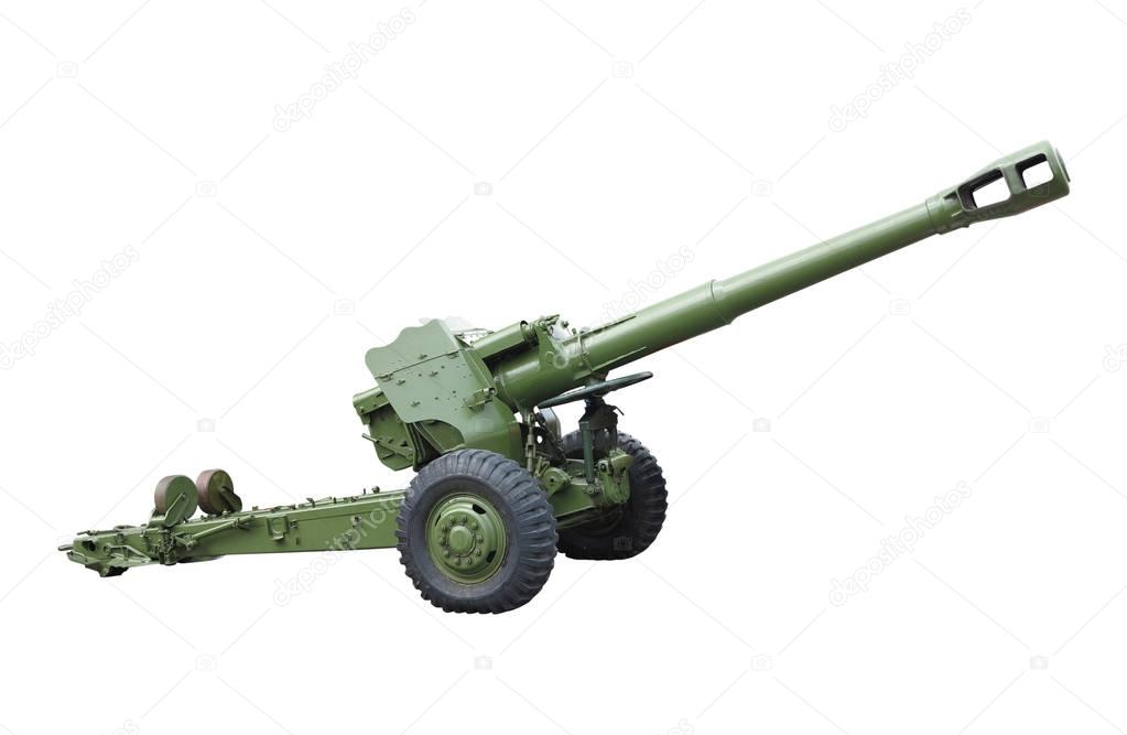 Old green russian artillery field cannon gun isolated over white