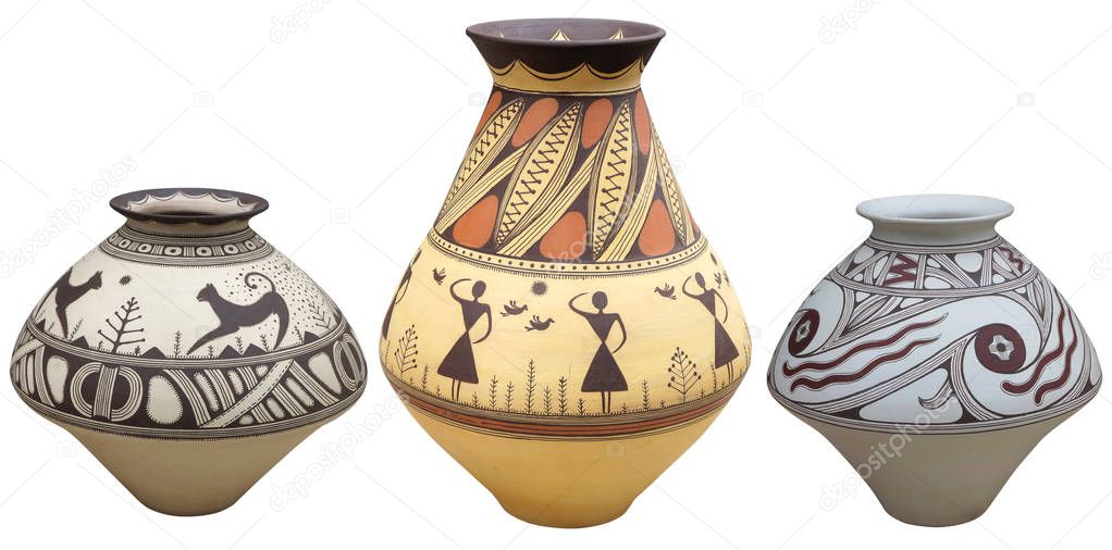Vases with native american pattern vase isolated on white backgr