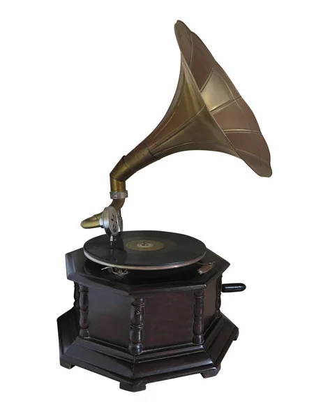 Vintage old gramophone record player isolated over white — Stock Photo, Image