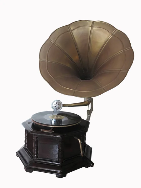 白で分離されたヴィンテージの古い蓄音機レコード プレーヤー — ストック写真