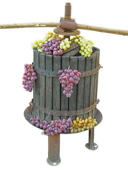 Old traditional manual wine press utensil with grape bunch isola — Stock Photo, Image