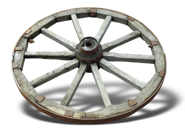 Vecchia ruota carro di legno marrone da un carrello isolato su bianco — Foto Stock