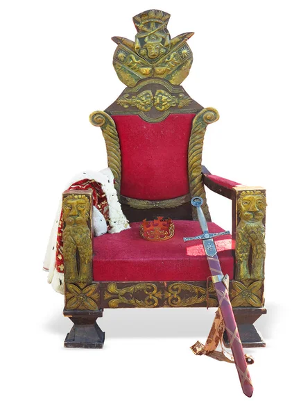 Old red golden king throne with sword and crown isolated over wh — Stock Photo, Image