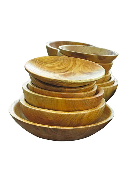 Pila de platos de madera vajilla aislada sobre blanco — Foto de Stock