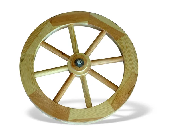 Old brown wooden wagon wheel from a cart isolated over white — Stock Photo, Image