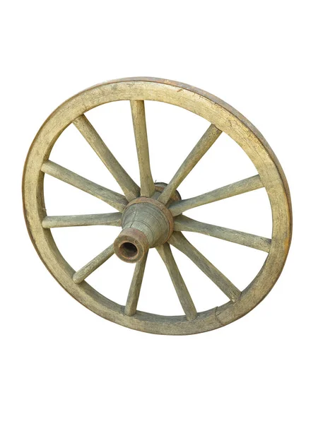 Old brown wooden wagon wheel from a cart isolated over white — Stock Photo, Image