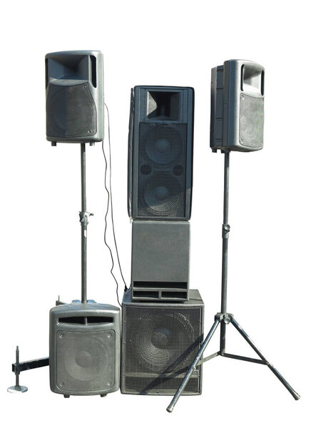 Old industrial powerful stage sound speakers isolated over white background