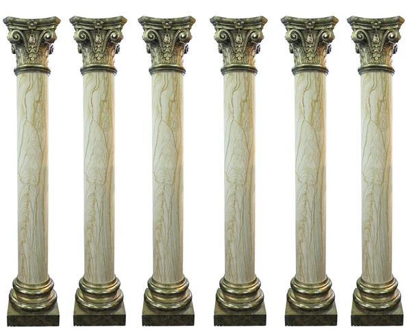 Row Golden Top Bottom Decorated Greek Columns Isolated White Background — Stock Photo, Image