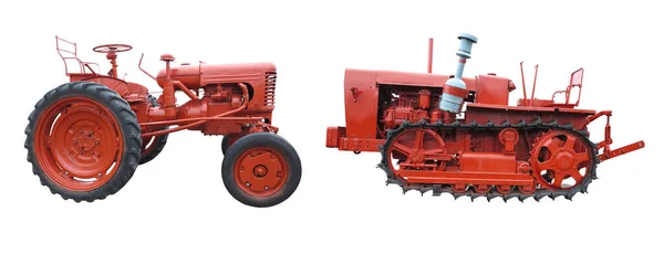Tractores Agrícolas Vermelhos Velhos Isolados Sobre Fundo Branco — Fotografia de Stock
