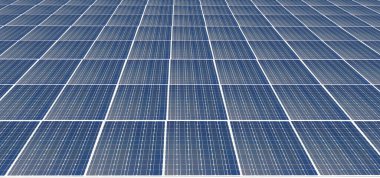 Mavi gökyüzü arkaplanındaki sonsuz enerji paneli, alternatif temiz yeşil enerji konsepti