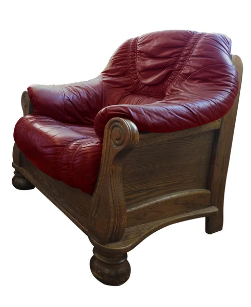 白色背景上孤立的老式木制经典皮革扶手椅 — 图库照片