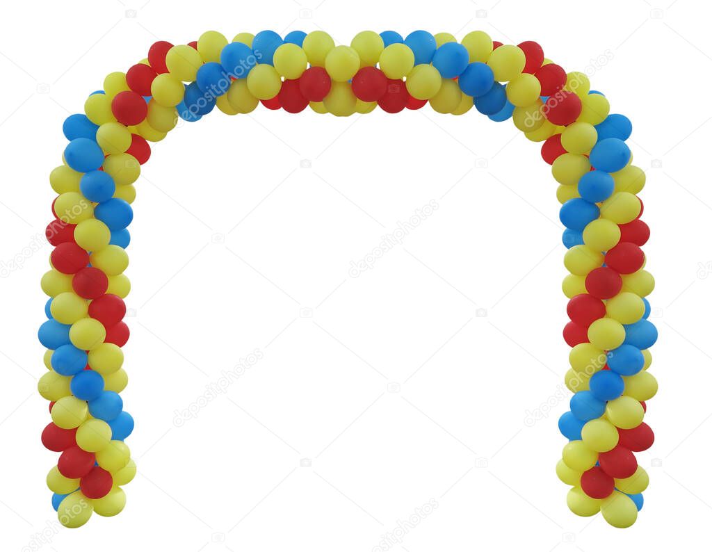 Event arch of red, green, blue, yellow baloons isolated over white background