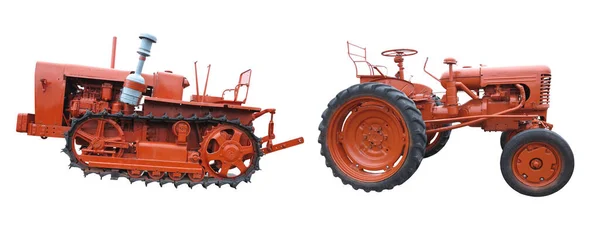 Tractores Agrícolas Rojos Viejos Aislados Sobre Fondo Blanco —  Fotos de Stock