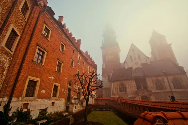 Templom a ködben, Wawel, Krakkó, Lengyelország. Stock Kép