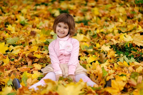 Gülüyor ve sonbaharda oynarken mutlu küçük bir çocuk, — Stok fotoğraf