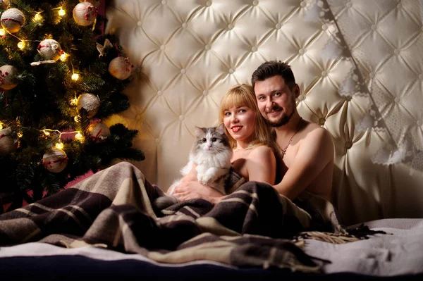 Felice giovane coppia a letto a casa con il loro gatto — Foto Stock
