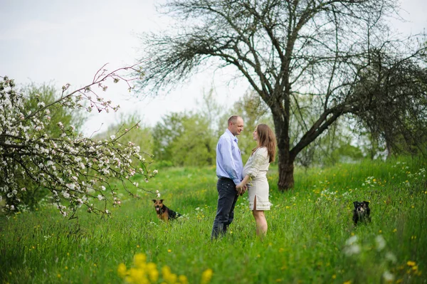 Schwangere mit Ehemann im blühenden Garten — Stockfoto