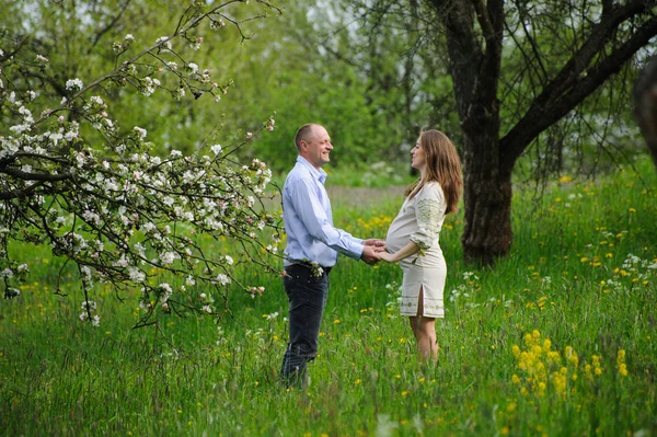 Pregnant woman with husband  in blooming garden — Stock Photo, Image