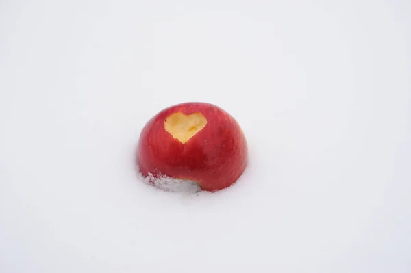 Rode appel op de sneeuw — Stockfoto