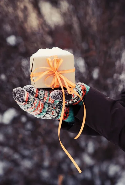 Kışın elinde hediye — Stok fotoğraf