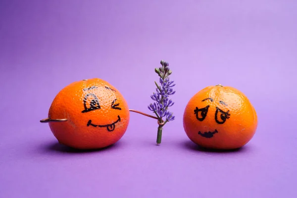 Grappige gezichtsuitdrukkingen op de mandarijnen — Stockfoto