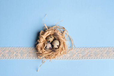 Mavi arka plan üzerinde hasır bir yuvada bıldırcın yumurtası