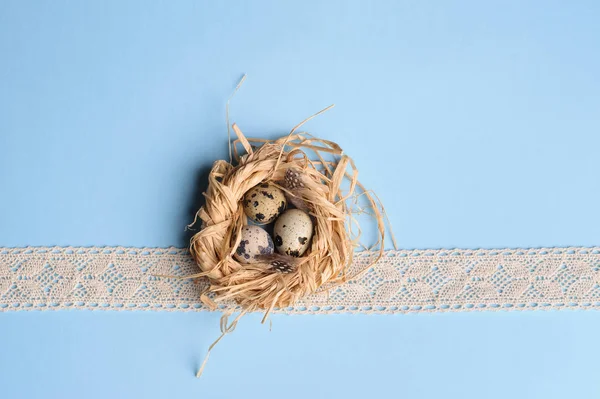 Quail eggs in a straw nest on the blue background — Stock Photo, Image