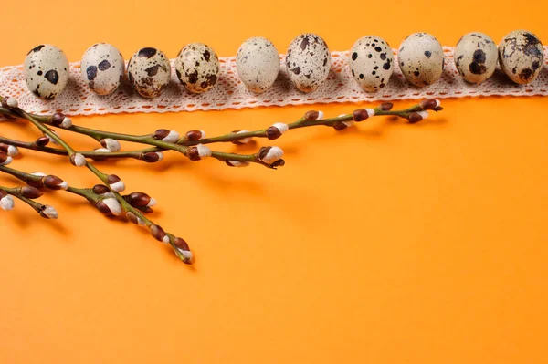 Vaktelägg i en halm häckar på den orange bakgrunden — Stockfoto