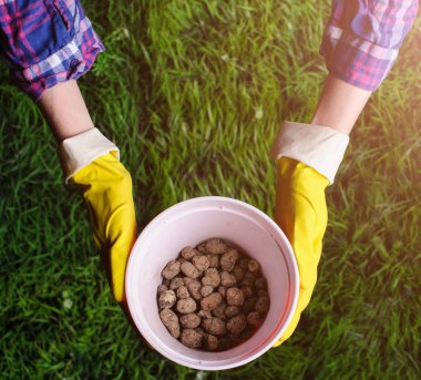 Toprak kadın elinde plastik saksıyı çim zemin üzerine