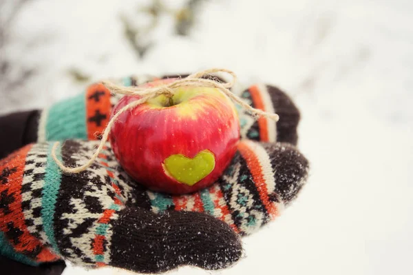 Appel met hart in handen in de winter — Stockfoto