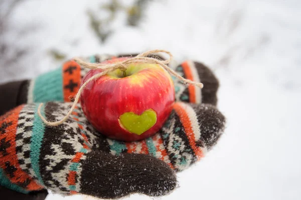 Rode Appel Met Groene Hart Handen Winter — Stockfoto
