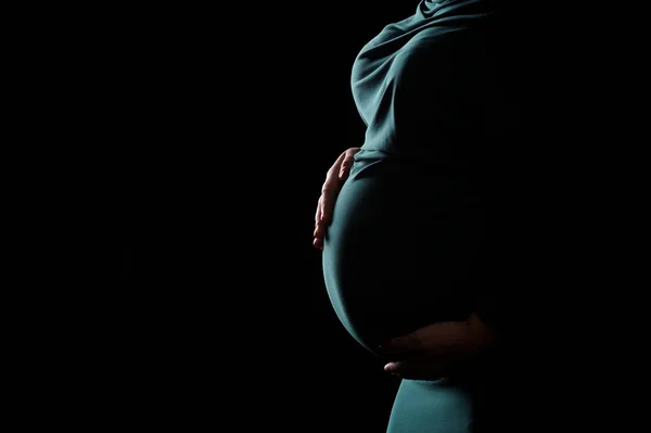 Belly Pregnant Woman Dark Background Nine Month — Stock Photo, Image