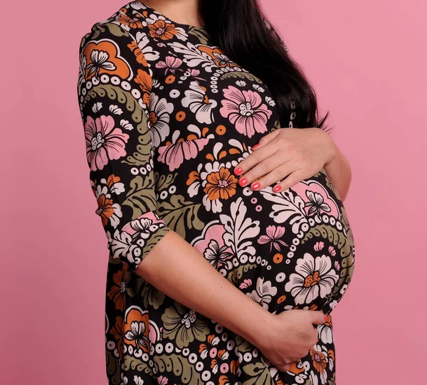 Image Pregnant Woman Touching Her Belly Hands — Stock Photo, Image