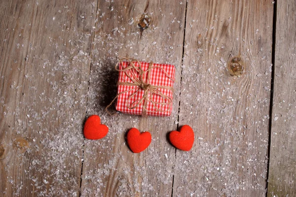 Heart Wooden Background Snow Valentines Day Valentines Day Greeting Card — Stock Photo, Image