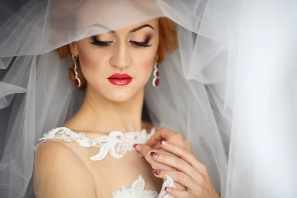 Face Beautiful Bride Hidden Veil — Stock Photo, Image