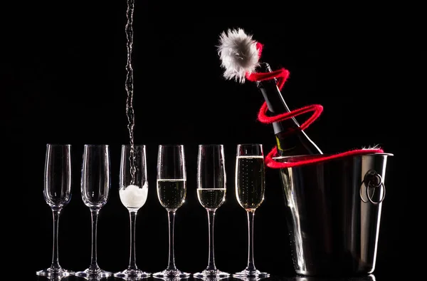 Champagne Glasses Set Black Background Snow — Stock Photo, Image