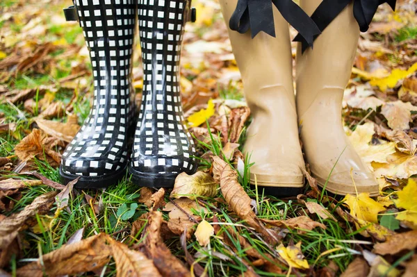 Autumn Fall Concept Colorful Leaves Rain Boots Close Woman Feet — Stock Photo, Image