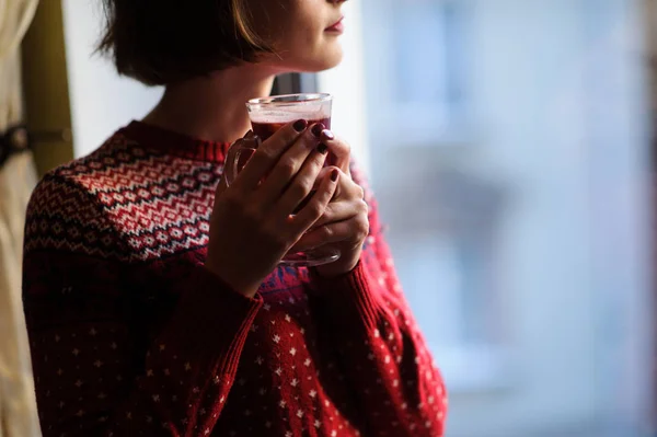 Beautiful Woman Standing Next Window Wearing Red Winter Clothes Drinking — Stock Photo, Image