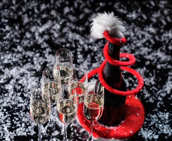 Champagne Glasses Set Black Background Snow — Stock Photo, Image