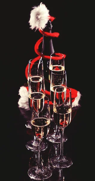 Champagne Glasses Set Black Background Snow — Stock Photo, Image