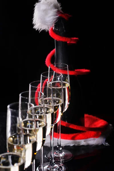 Champagne Glasses Set Black Background Snow — Stock Photo, Image