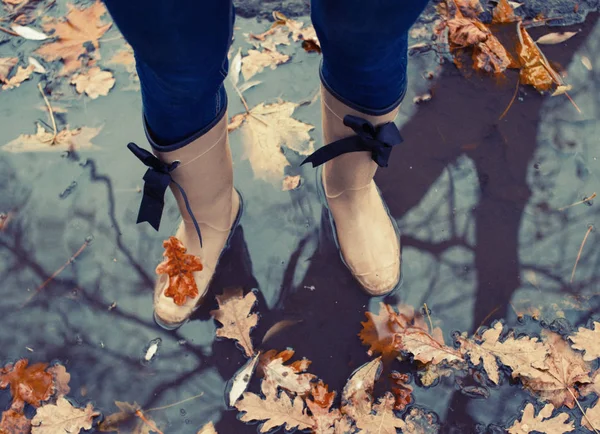 Autumn fall concept with colorful leaves and rain boots outside. Close up of woman feet walking in boots.