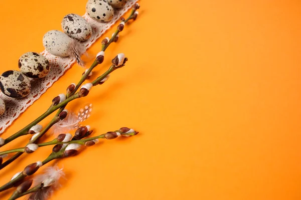 Wachteleier in einem Strohnest auf orangefarbenem Hintergrund — Stockfoto