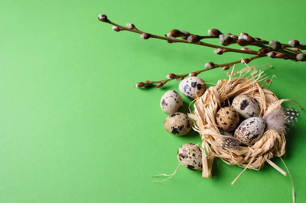 Yeşil zemin üzerine saman bir yuvada bıldırcın yumurtası — Stok fotoğraf