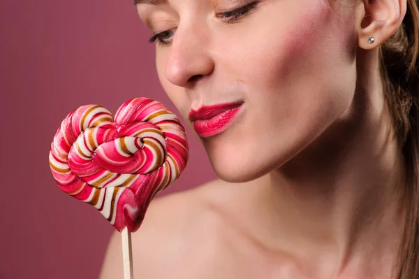 Emotional Sexy Girl Lollipop Pink Background Studio — Stock Photo, Image