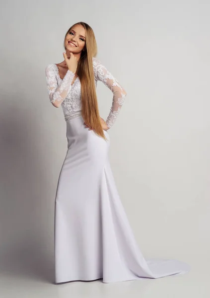 Bride Long Hair Wedding Dress White Background — Stock Photo, Image