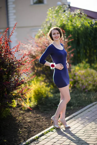 Vacker Kvinna Blå Klänning Utomhus — Stockfoto