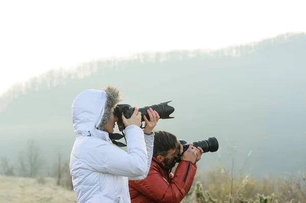 Photographers Cameras Outdoor Making Landscape Pictures Stock Picture